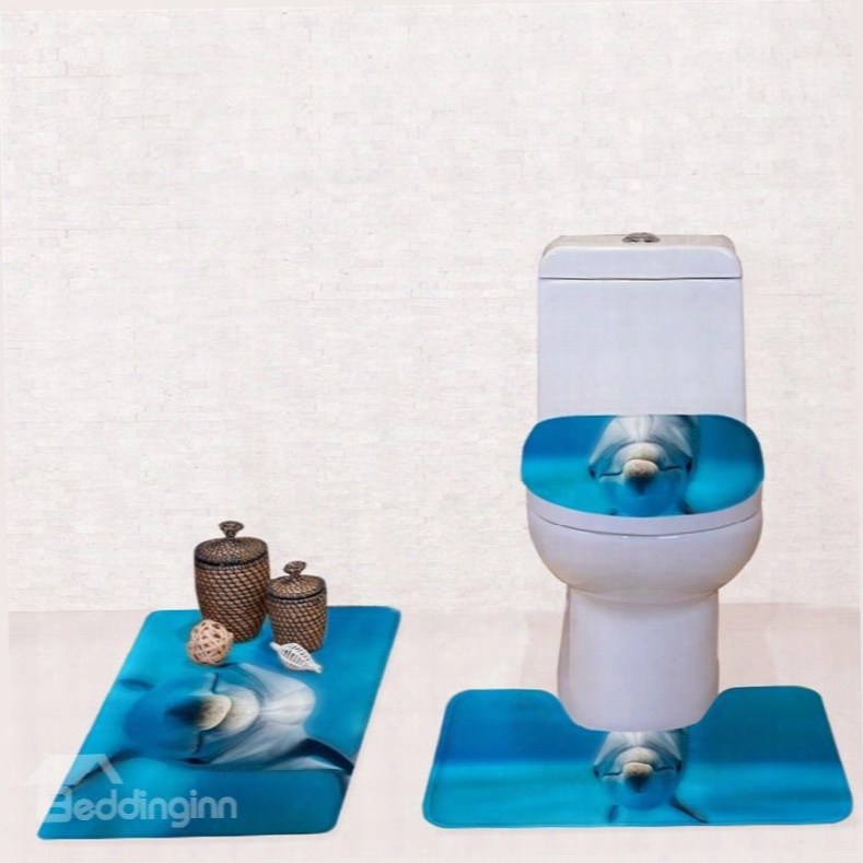Dolphin In Blue Sea Pattern 3-piece Flannel Pvc Soft Water-absorption Toilet Seat Covers