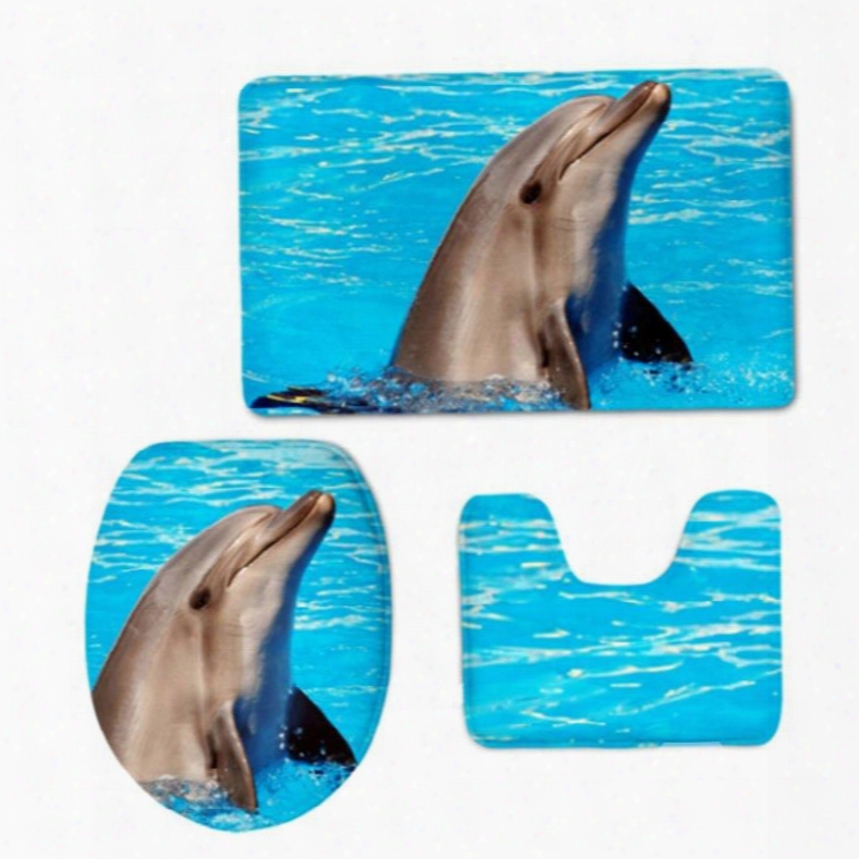 Dolphin Pattern 3-piece Flannel Pvc Soft Water-absorption Anti-slid Toilet Seat Covers