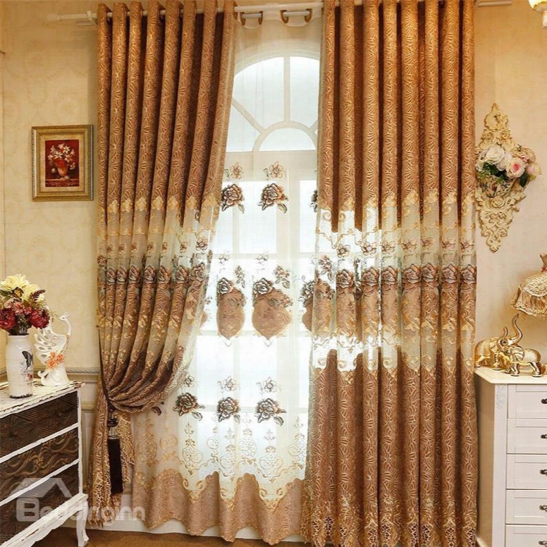 Elegant And Popular European Style Brown Hollow Embroidered Grommet Top Curtain