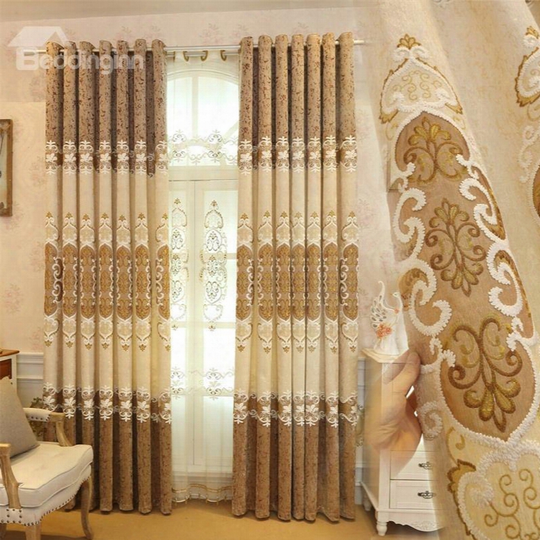 Elegant Chenille Brown And Beige Embroidered Custom 2 Panels Living Room Curtain