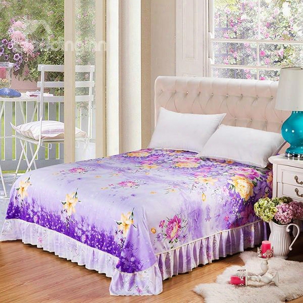 Elegant Peonies And Lilies Printing Purple Cotton Bed Skirt