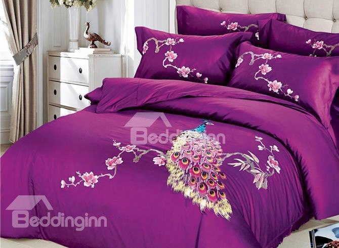 Embroidery Peacock And Flowers Luxury Purple 4-piece Cotton Sateen Bedding Sets/duvet Cover