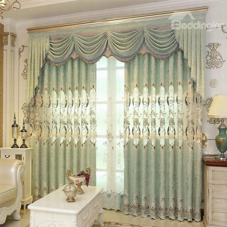 European Ans Elegant Chenille Light Green Hollow Out Custom Grommet Top Curtain