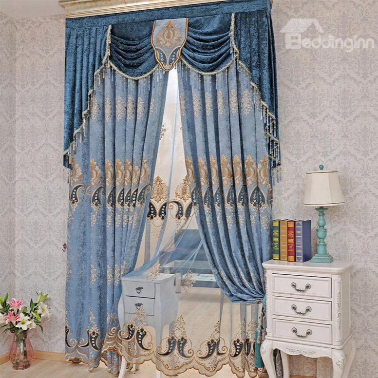 European Ans Noble Navy Blue Chenille Custom Window Curtain For Living Room
