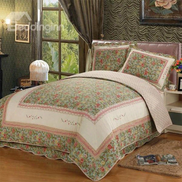 European Style Small Flowers Green 3-piece Cotton Bed In A Bag