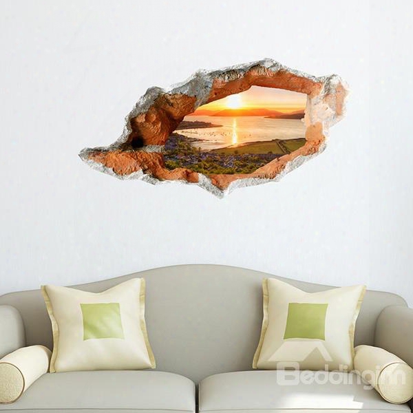 Fabulous Sunrise On The Sea Wall Hole View Removable 3d Wall Sticker