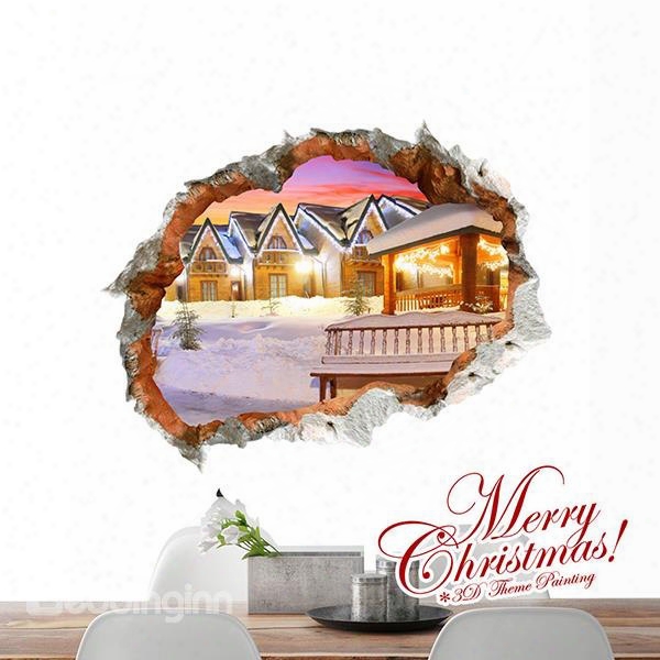 Festival Christmas Warm Lightlit Cottages Through Wall Hole 3d Wall Sticker