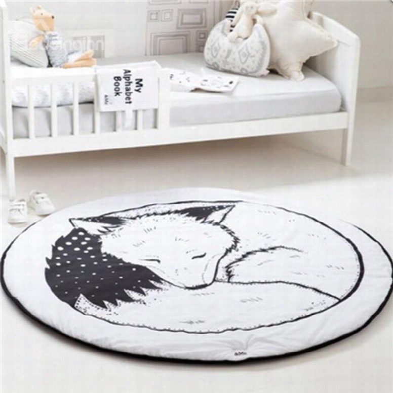 Fox Printed Rounded Cotton Baby Play Floor Mat/crawling Pad