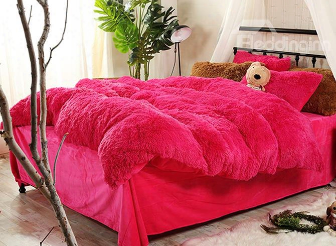 Full Size Bright Rose Red Plush 4-piece Fluffy Bedding Sets/duvet Cover