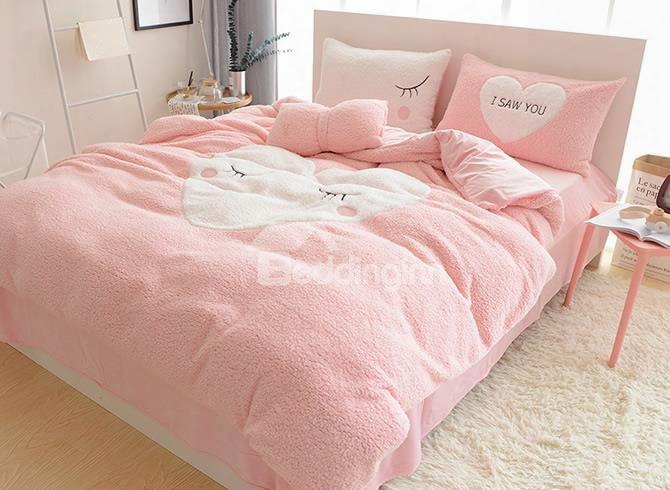 Full Size Sweet Heart Pattern Pink Soft 4-piece Fluffy Bedding Sets/duvet Cover