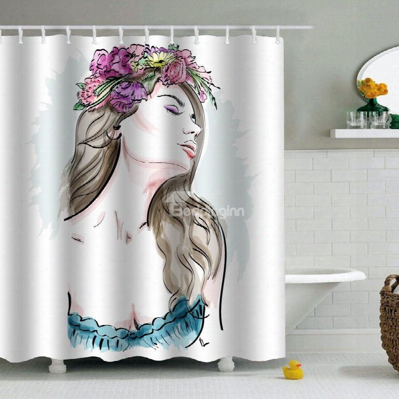 Girl With Floral Hoop Printed Peva Waterproof Durable Antibacterial Eco-friendly Shower Curtain