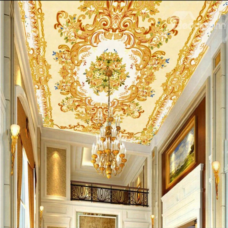 Golden Flowers Pattern Waterproof Durable And Eco-friendly 3d Ceiling Murals