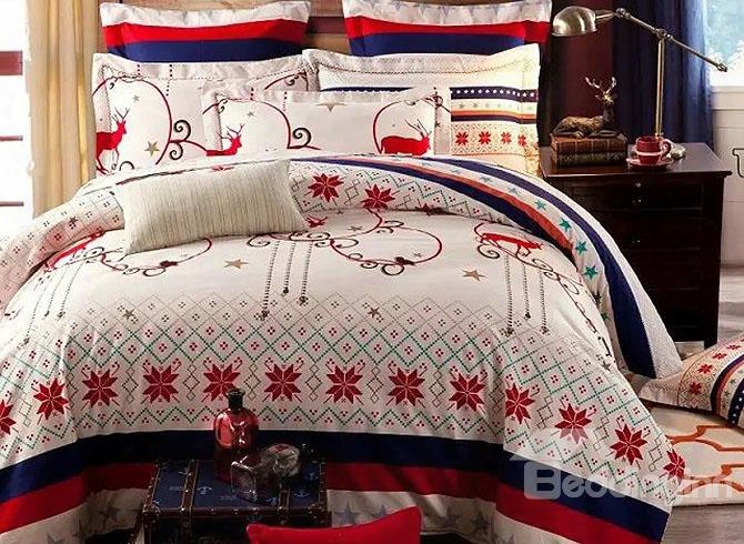 Gorgeous Christmas Elk Snowflake Print Cotton 4-piece Duvet Cover Sets