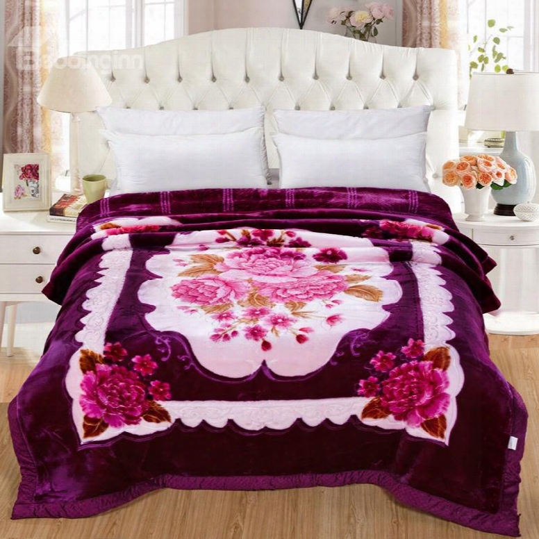 Gorgeous Flowers Printing Purple Plush Flannel Fleece Thick Bed Blankets