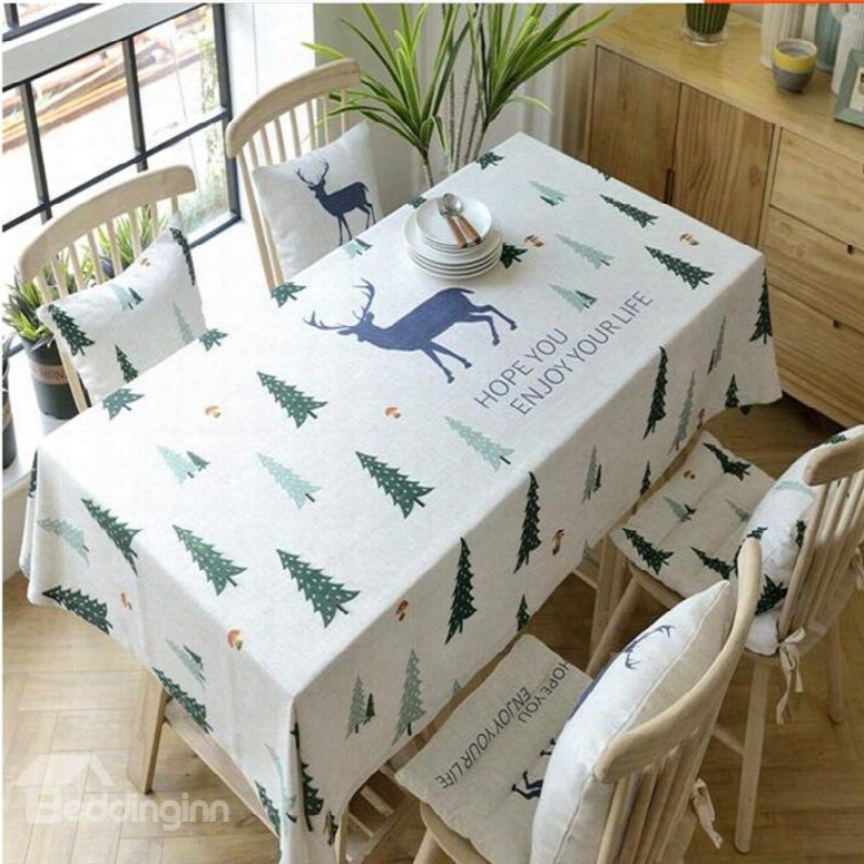 Green Cypress And Cute Elks Printing Fresh Style Table Runner Cover Cloth