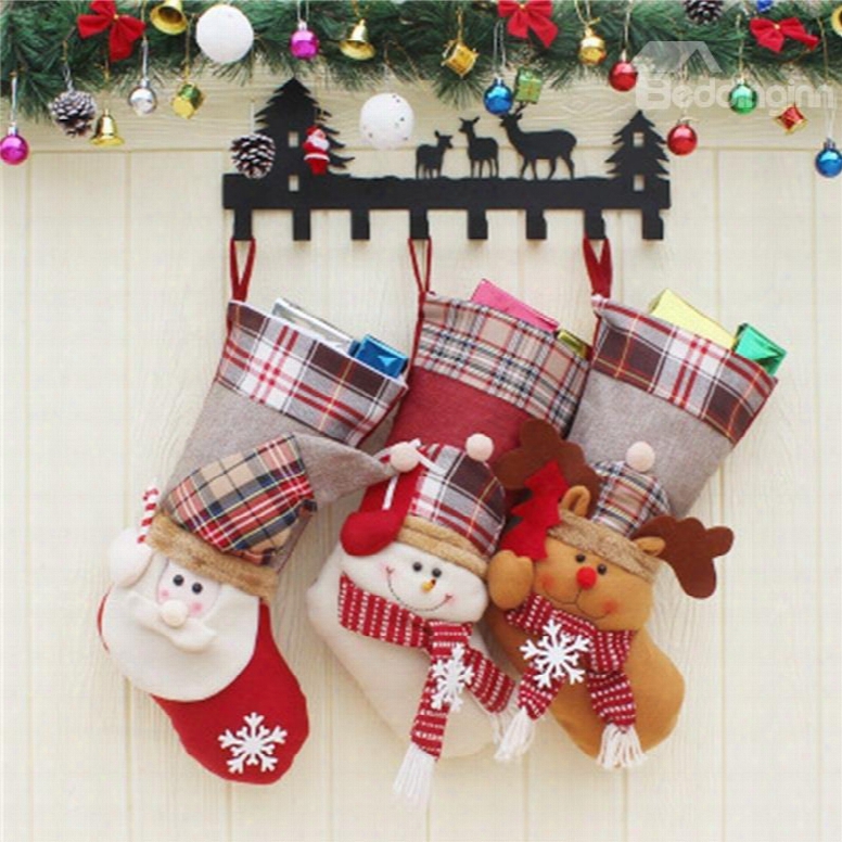 Grid And Hat Decoration Classic Non-woven Fabric And Wool Christmas Stocking