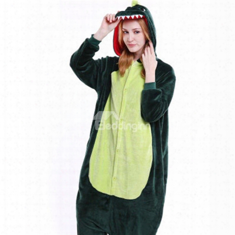 Halloween Green Dinosaur Flannel One-piece Stretchable Pajama Jumpsuit
