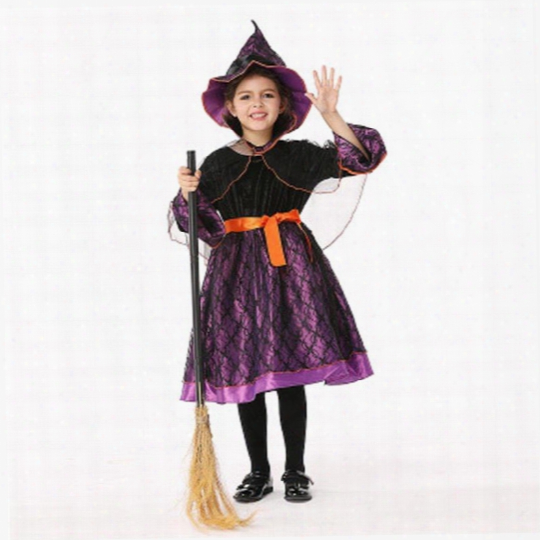 Halloween Witch Polyester And Net Cloth Black Kids Costume Set