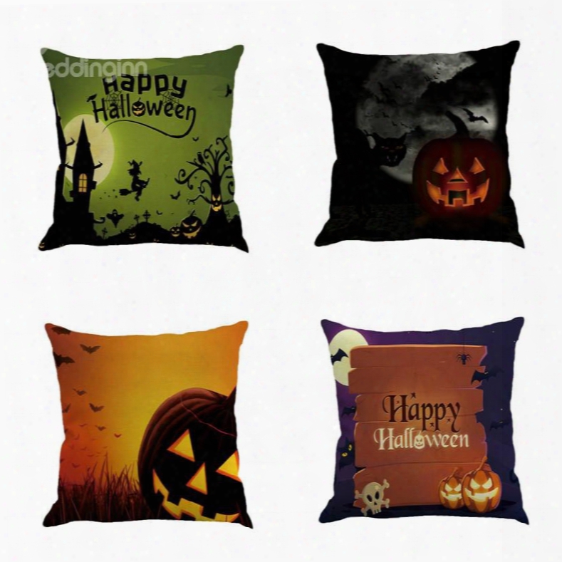 Happy Halloween Decoration Elements Square Linen Throw Pillows