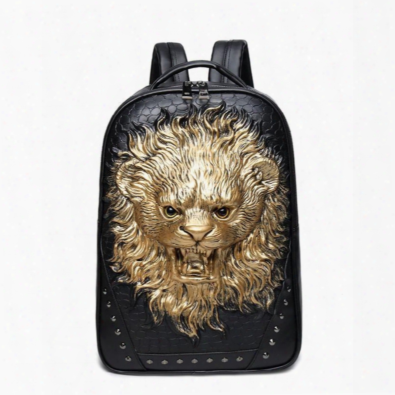 Lion Roar Head 3d Pu Leather Casual Laptop Backpack School Bag