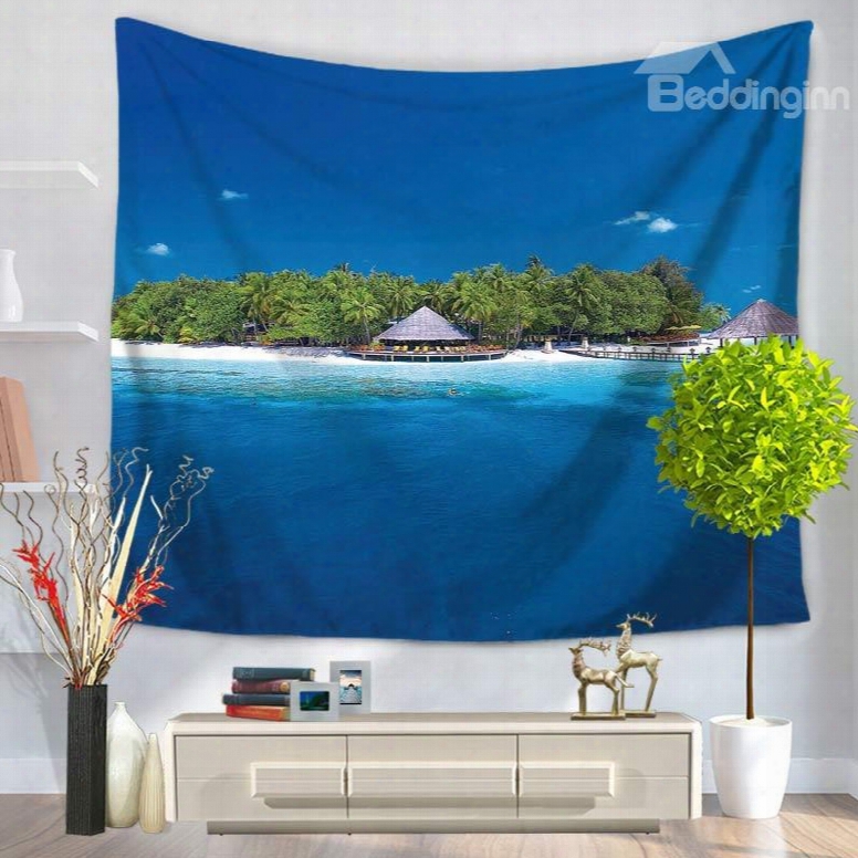 Lonely Sea Island With Dark Blue Sky And Ocean Decorative Hanging Wall Tapestry