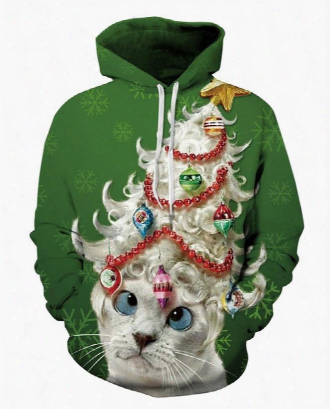 Long Sleeve Cat With Wig Green 3d Pattern Hoodie