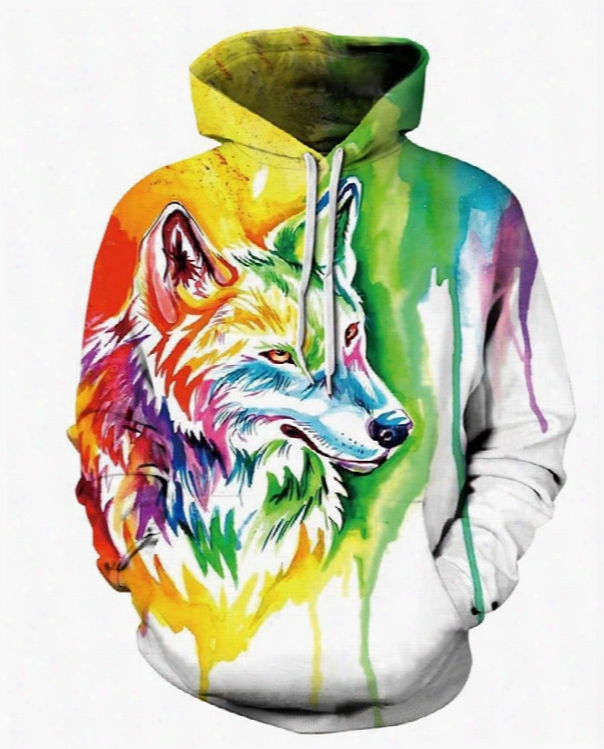 Long Sleeve Colorful Wolf 3d Pattern Hoodie