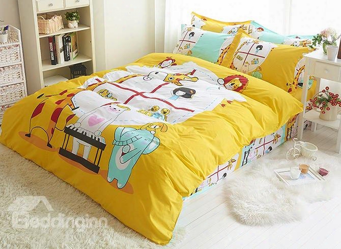 Lovely Animals Print Natural Cotton Kids 4-piece Duvet Cover  Sets