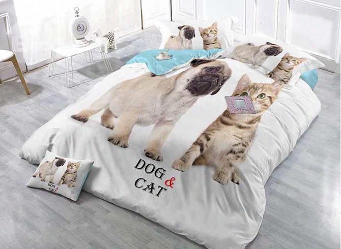 Lovely Cat And Dog Print White Astin Drill 4-piece Duvet Cover Sets