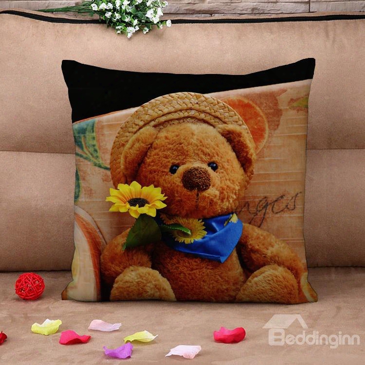 Lovely Teddy Bear In Straw Hat Vintage Cotton Throw Pillow Case