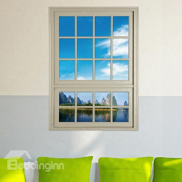 Natural Scenery Blue Sky And Forest In The Distance Window View Rmeovable 3d Wall Stickers