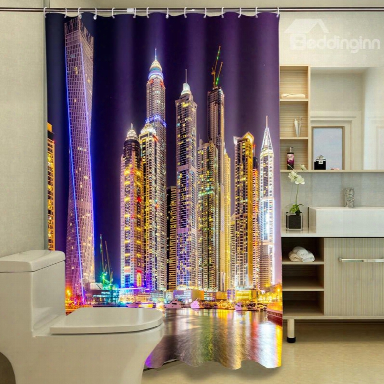 New Arrival Charming Cityscape City Night Lights Dacron 3d Shower Curtain