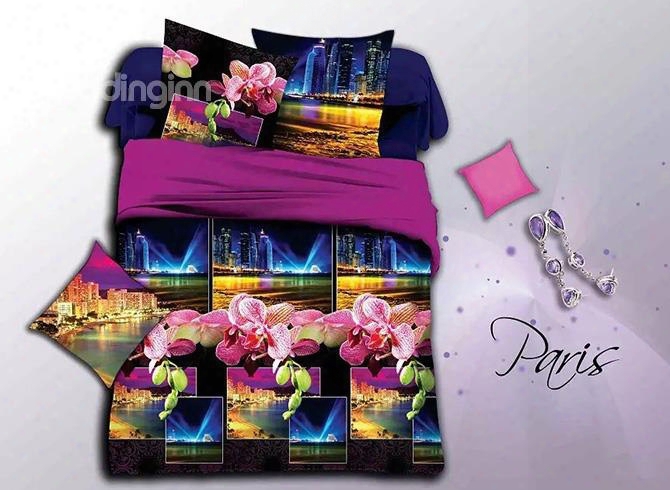 Nigh Scenery And Flowers Print 4-piece Duvet Cover Sets