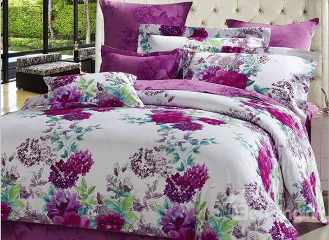 Noble Purple Flowers Print Cotton 4-piece Duvet Cover Sets