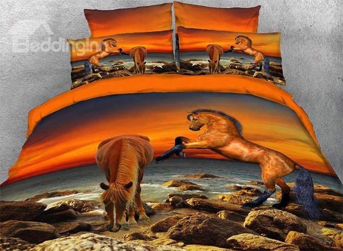 Onlwe 3d Brown Horse By The Sea 4-piece Bedding Sets/duvet Covers