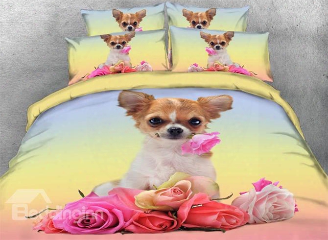 Onlwe 3d Chihuahua With Flowers Printed 4-piece Bedding Sets/duvet Covers