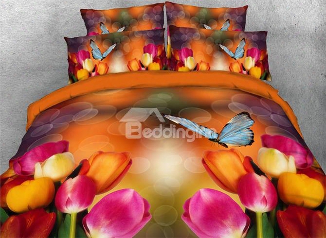 Onlwe 3d Colorful Tulips With Fluttering Butterfly 4-piece Bedding Sets/duvet Covers