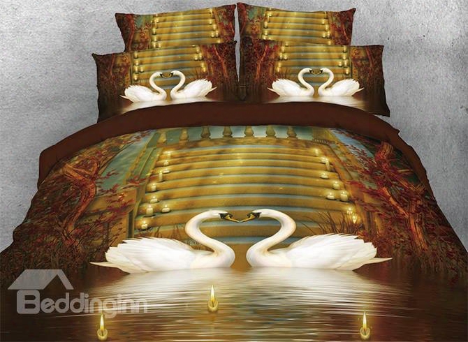 Onlwe 3d Couple Swans In Love Candles Vintage 4-piece Bedding Sets/duvet Covers