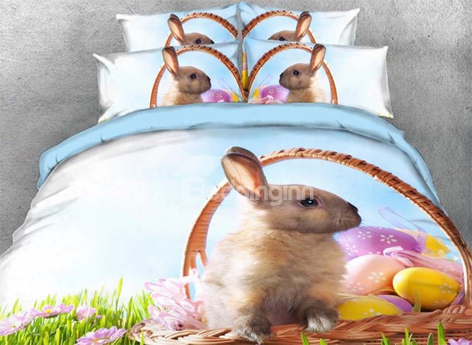 Onlwe 3d Easter Egg And Bunny In Basket Printed 4-piece Bedding Sets/duvet Covers