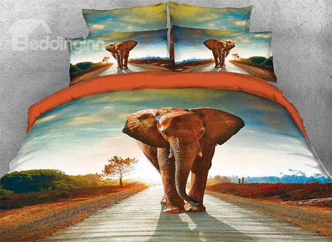 Onlwe 3d Elephant Walking On Savannah Road 4-piece Bedding Sets/duvet Covers