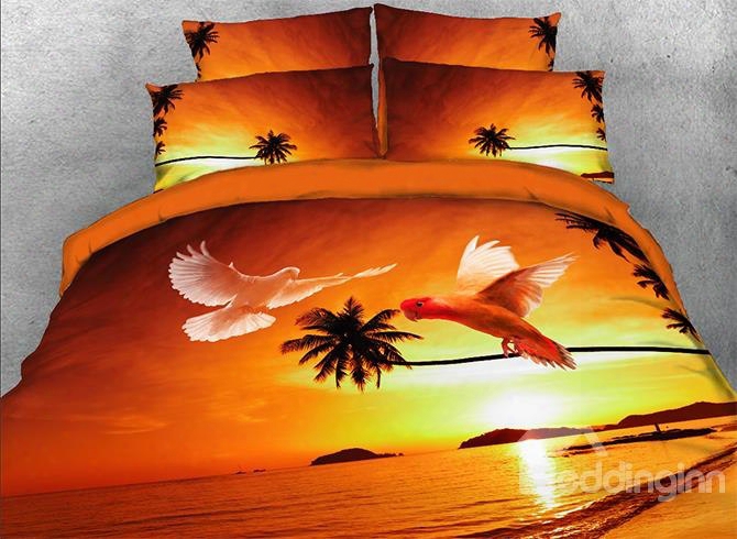 Onlwe 3d Flying Doves And Tropical Beach Printed 4-piece Bedding Sets/duvet Covers