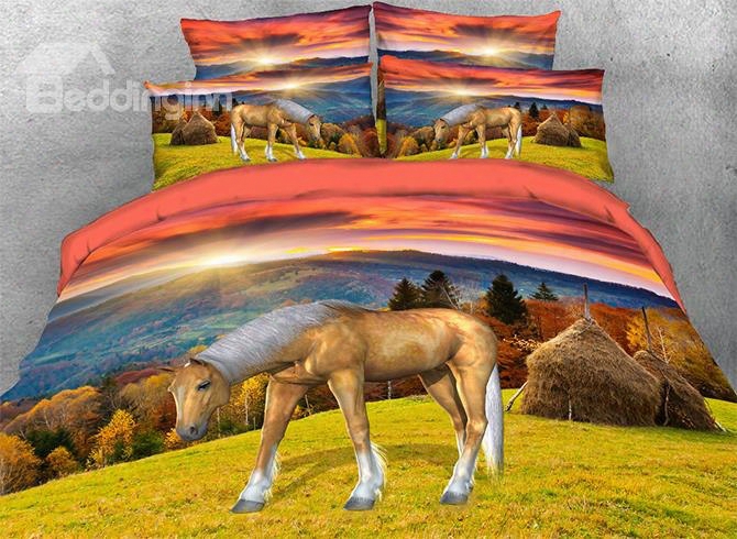 Onlwe 3d Horse In Autumn Grassland Printed 4-piece Bedding Sets/duvet Covers