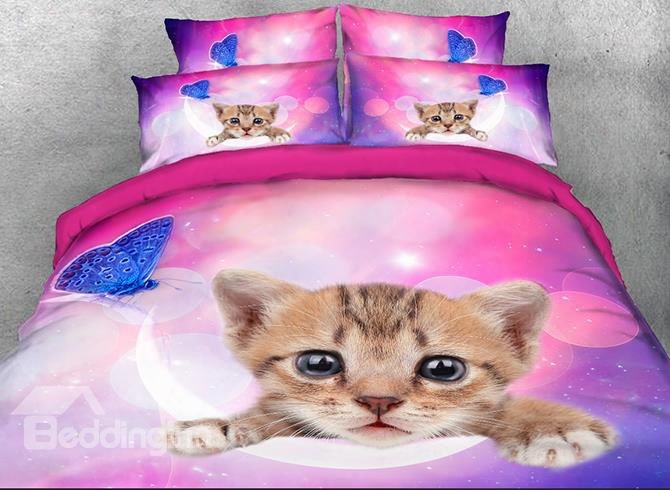 Onlwe 3d Kitten Face And Blue Butterfly Printed 4-piece Bedding Sets/duvet Covers