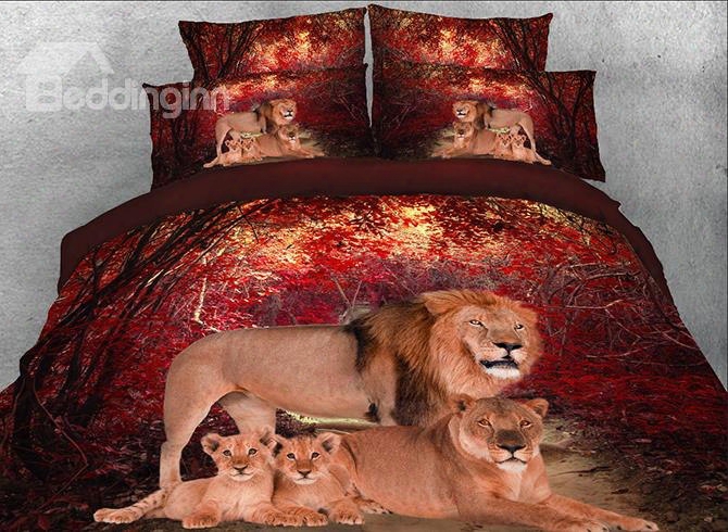 Onlwe 3d Lion Family Printed Cotton 4-piece Bedding Sets/duvet Covers