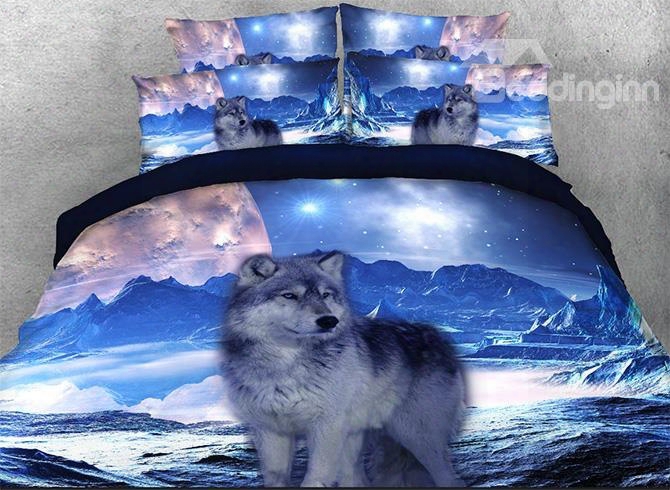 Onlwe 3d Mountain Wolf Moon Printed 5-piece Comforter Sets