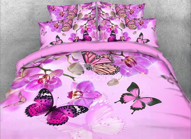 Onlwe 3d Orchid And Butterfly Printed 4-piece Floral Bedding Sets/duvet Covers