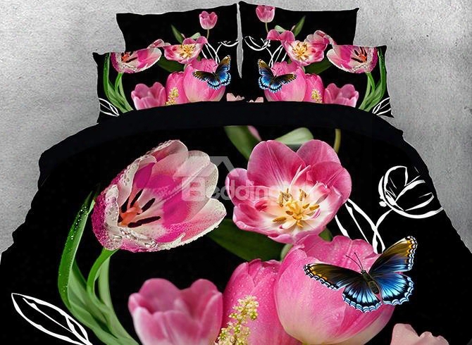 Onlwe 3d Pink Tulips And Fluttering Butterfly Printed 4-piece Bedding Sets/duvet Covers