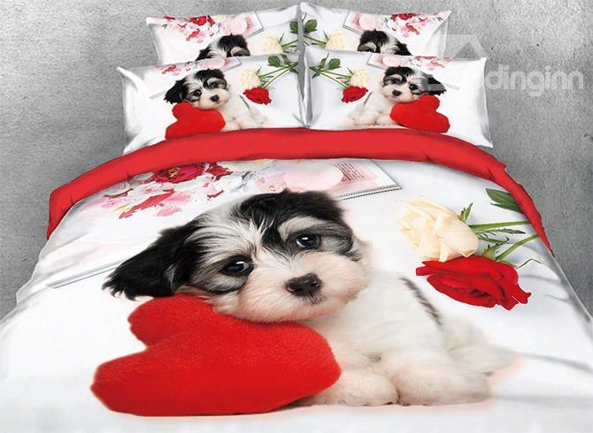 Onlwe 3d Puppy Dog With Heart-shaped Pillow Printed 4-piece Bedding Sets/duvet Covers
