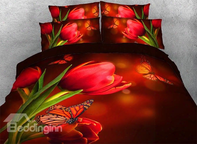 Onlwe 3d Red Tulips And Butterflies Printed 4-piece Floral Bedding Sets/duvet Covers