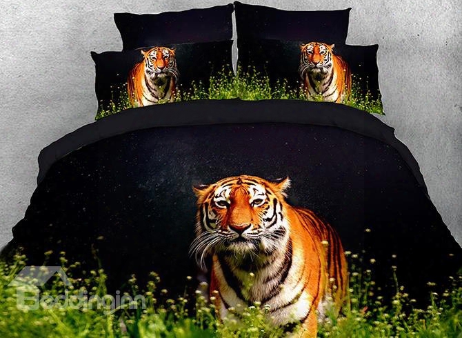 Onlwe 3d Tiger Walking In Grass Cotton 4-piece Black Bedding Sets/duvet Covers